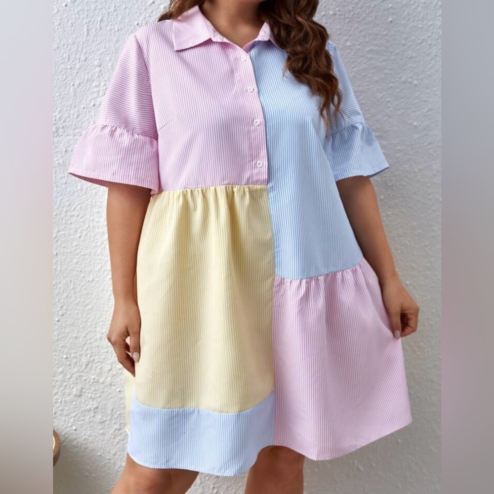 SHEIN Plus Pastel Colorblock Flounce Smocked Striped Dress